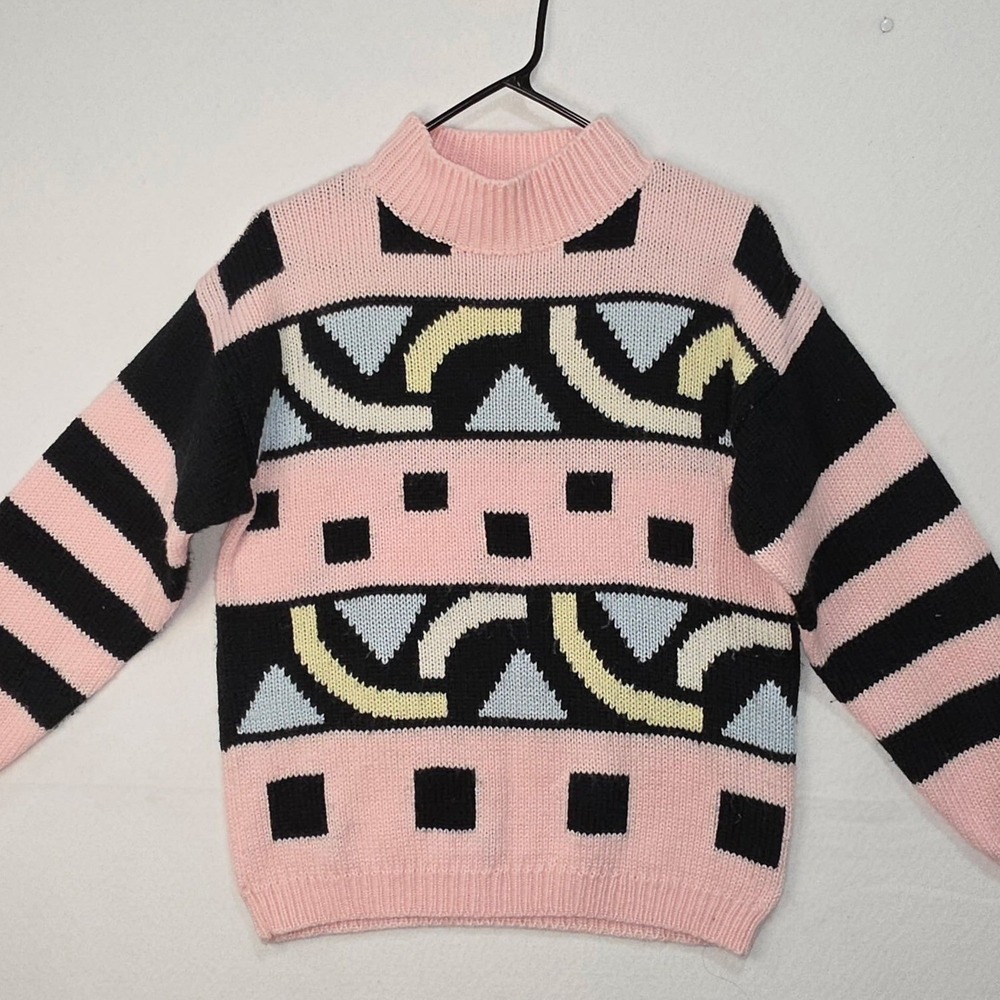Vintage 16th Street Geometric Abstract Knit Sweater Pink Black Striped Mock Neck